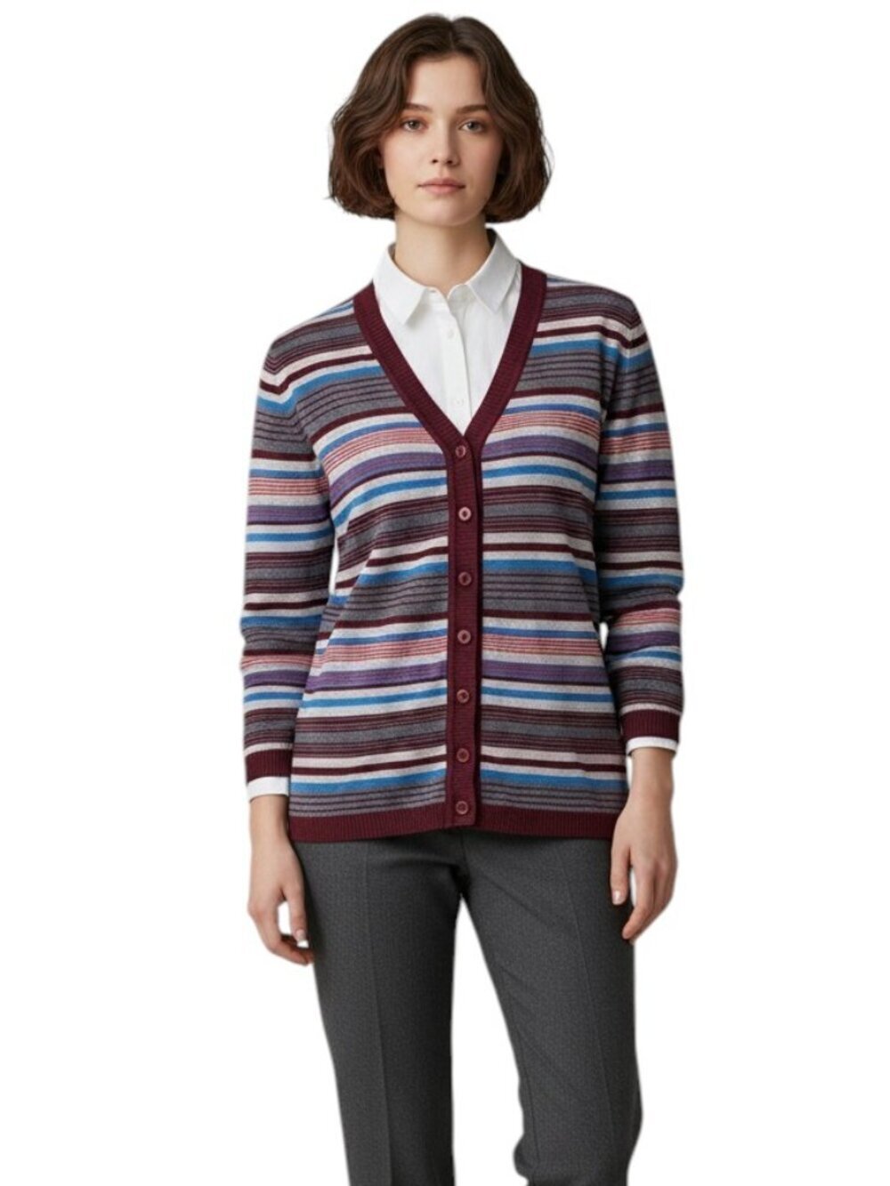 Casablanca Women Merino Wool Cardigan Button Front Euro 38 US 6 Striped Red Blue